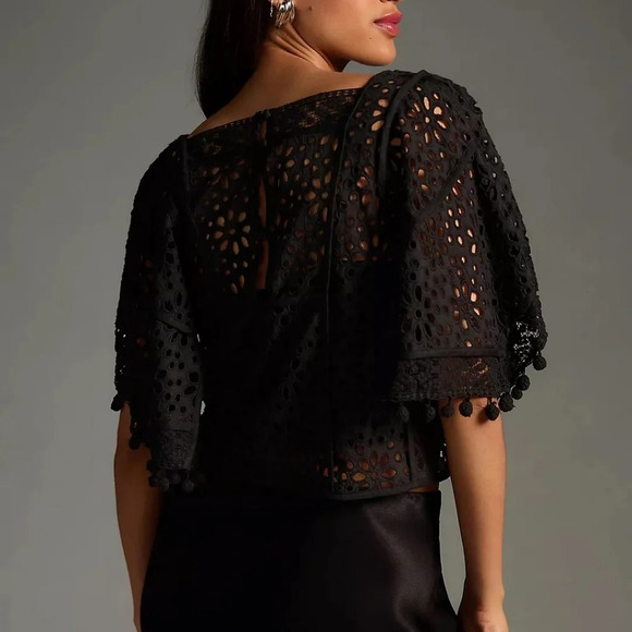 NWT Anthropologie Black Victoria Lace Cutwork Pom Pom  Blouse XS - Picture 3 of 5